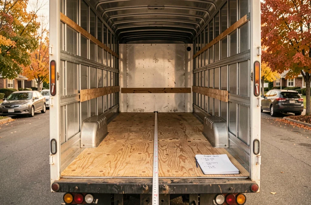 Intérieur du compartiment cargo d'un camion de location Super U avec dimensions mesurées