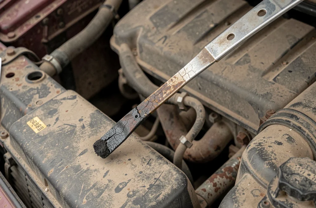 Jauge d'huile moteur sèche et encrassée révélant un niveau d'huile insuffisant responsable du grippage moteur