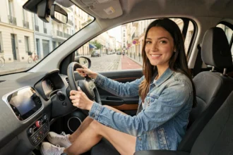 Jeune femme conduisant une voiture sans permis électrique dans une rue urbaine française