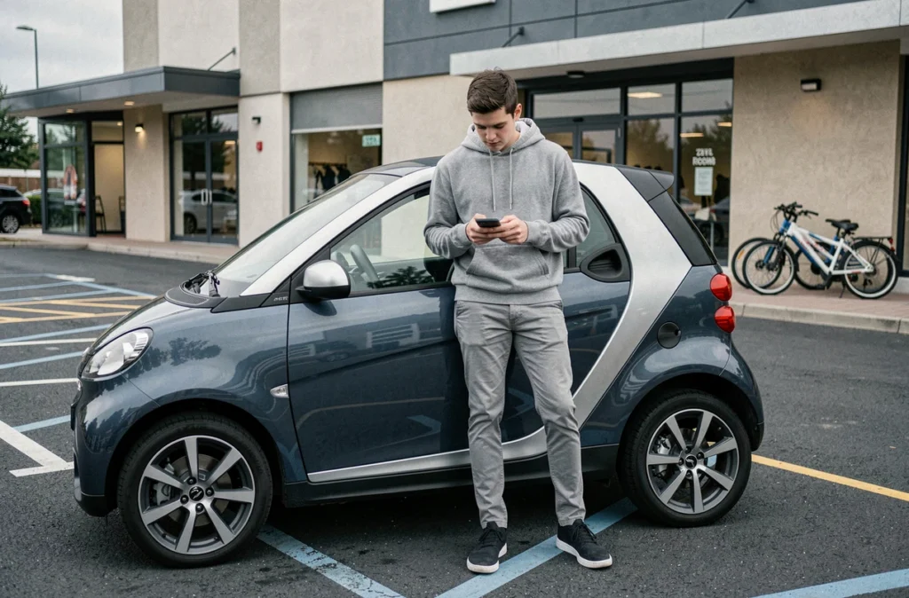 Jeune homme appuyé contre une voiture sans permis dans un parking de centre commercial