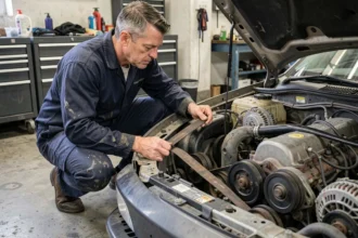 Mécanicien inspectant une courroie d'accessoire usée dans un atelier automobile