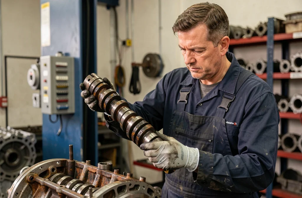 Mécanicien tenant un vilebrequin grippé extrait d'un moteur en manque d'huile dans un atelier automobile
