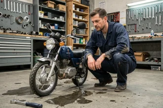 Mécanicien inspectant une moto de petite cylindrée dans un atelier de réparation, illustrant le coût d'entretien d'une moto urbaine économique
