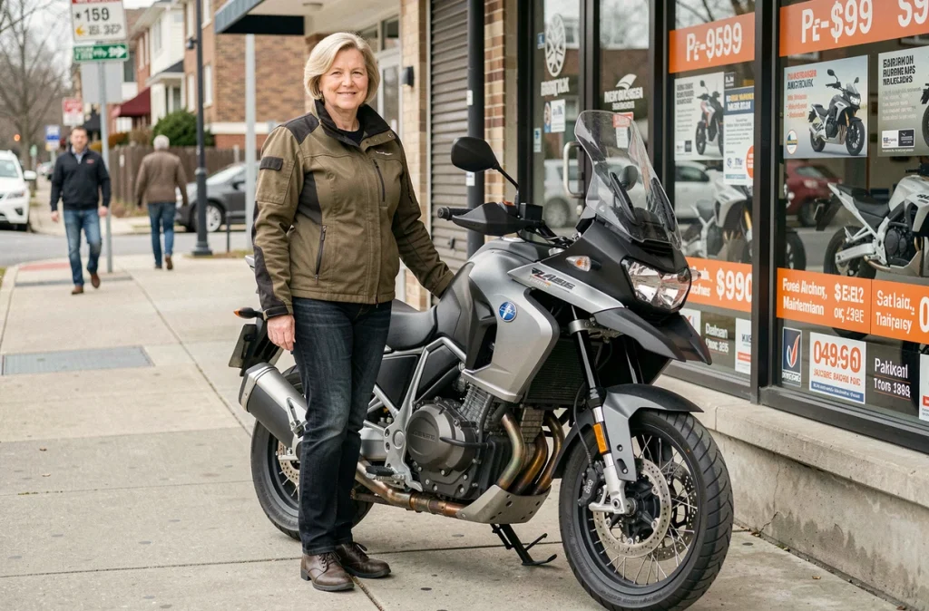 Femme motarde debout à côté d'une moto aventure de taille moyenne devant une concession, comparant les coûts d'entretien selon les catégories de motos