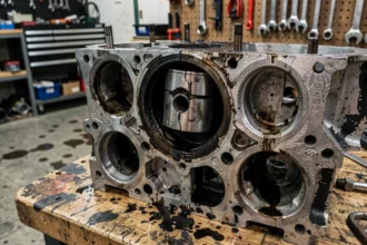Moteur de voiture grippé avec piston endommagé et parois de cylindre rayées suite à un manque d'huile moteur