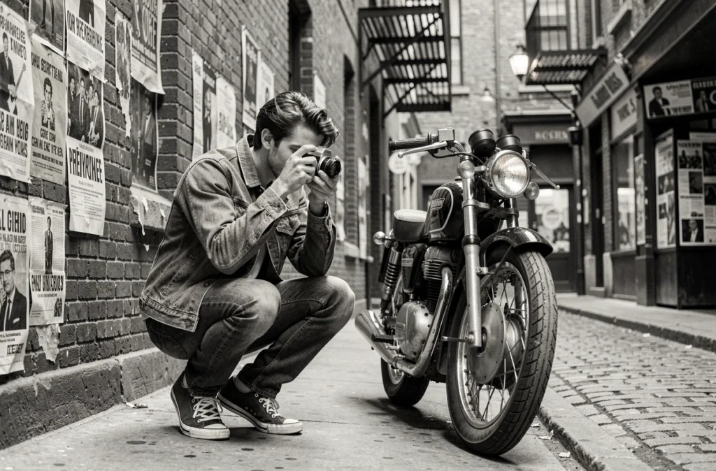 Jeune photographe accroupi dans une ruelle urbaine photographiant une moto vintage des années 1960 garée contre un mur de briques, dans l'esprit des reportages photographiques autour de Bob Dylan