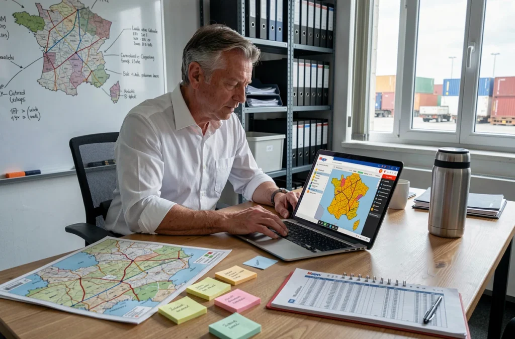 Planificateur d'itinéraires professionnel travaillant sur l'interface Mappy pour optimiser des tournées de livraison en France depuis un bureau logistique
