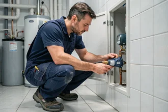 Plombier professionnel inspectant un régulateur de gaz BPGA dans une chaufferie résidentielle moderne