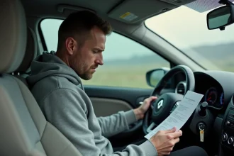 Homme lisant le précode radio dans l'habitacle d'une Renault Clio 3 pour trouver le code radio