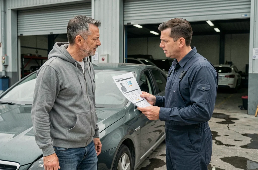 Propriétaire de voiture discutant d'une reprogrammation moteur avec un mécanicien devant un garage indépendant