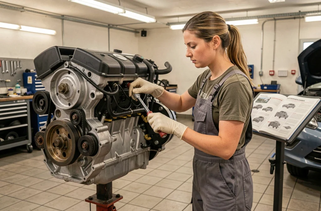 Mécanicienne retirant le carter de distribution pour accéder à la courroie de distribution d'un moteur