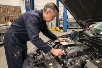 Technicien automobile connectant un outil de reprogrammation moteur sur une voiture en atelier