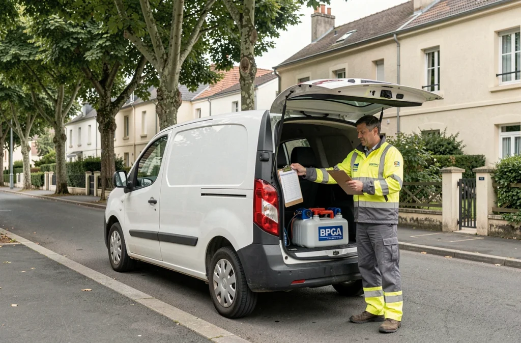 Deux techniciens BPGA chargeant leur matériel dans un van de service devant un pavillon résidentiel