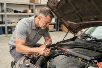 Mécanicien inspectant le moteur d'une voiture pour vérifier sa compatibilité avec l'éthanol E85
