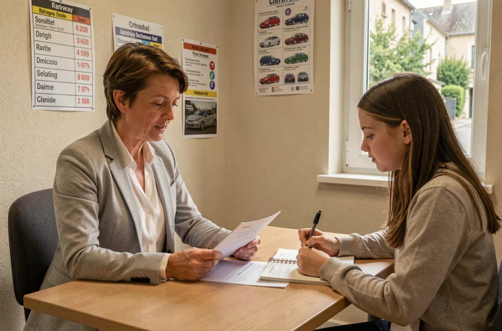 Christel Astier, monitrice d'auto-école, expliquant le processus du permis de conduire à une élève