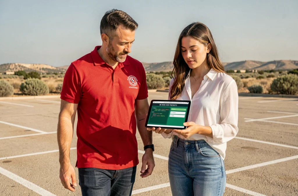 Moniteur d'Audepermis-Poumes et son élève révisant le code de la route sur tablette dans un parking d'entraînement