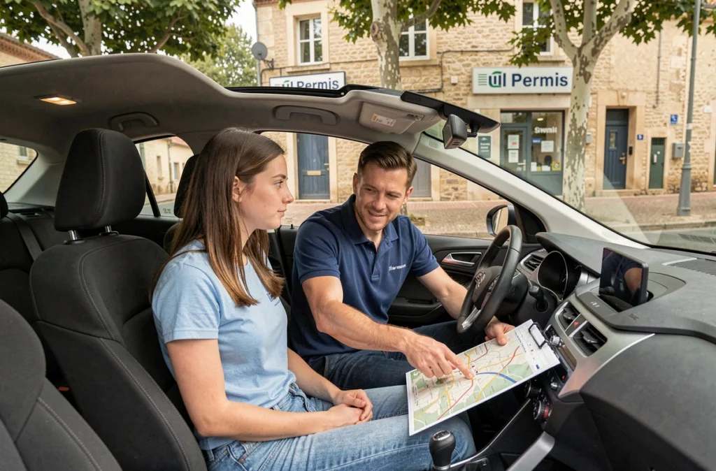 Élève et moniteur de l'auto-école Full Permis à Lézignan-Corbières étudiant une carte routière dans une voiture à double commande