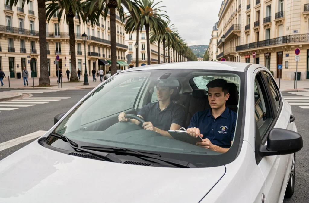 Moniteur de l'auto-école Meziane à Narbonne supervisant un élève en conduite dans les rues de la ville