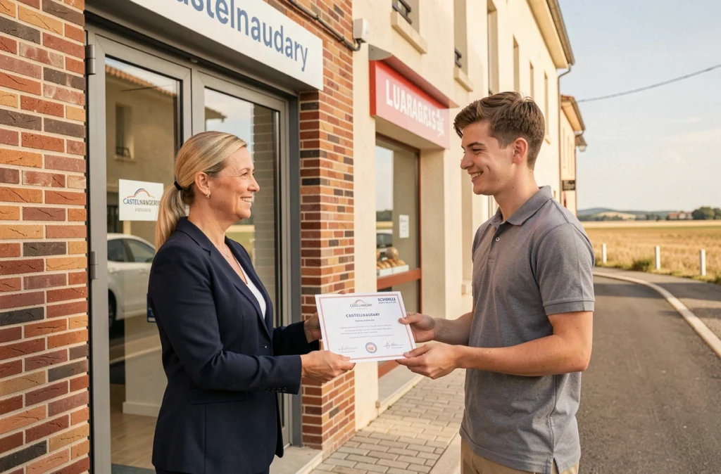 Monitrice de l'auto-école Sabine Cesco à Castelnaudary remettant un certificat à un élève reçu à son permis de conduire