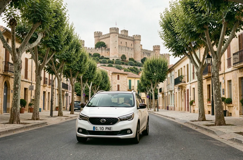 Voiture d'auto-école avec élève circulant dans les rues de Carcassonne avec la Cité médiévale en arrière-plan