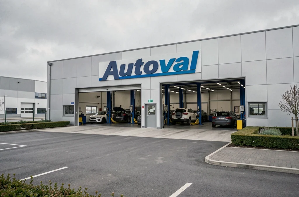 Façade du garage Autoval en Normandie avec ses larges portes de service ouvertes sur l'atelier de carrosserie