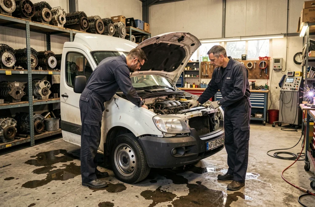 Deux techniciens de Carrosserie Entre Meca Autos à Alençon travaillant ensemble sur la réparation d'un utilitaire blanc