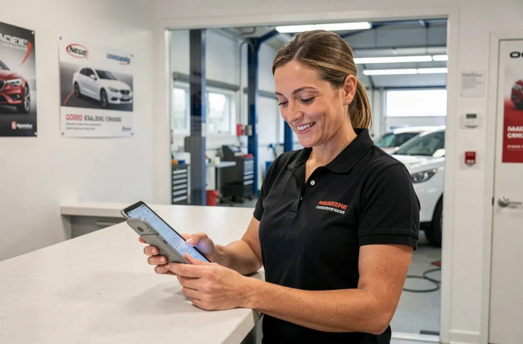 Responsable de la Carrosserie Lelièvre consultant un devis de réparation automobile sur tablette à l'accueil