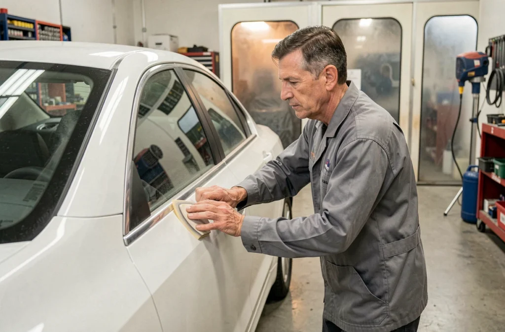 Technicien de la Carrosserie Lemonnier en Normandie ponçant la portière d'une voiture blanche dans l'atelier
