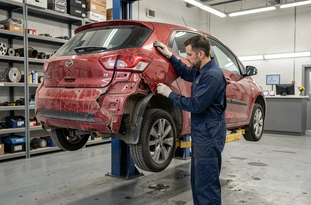 Technicien de la Carrosserie Leriche inspectant les dégâts sur le pare-chocs arrière d'un véhicule rouge