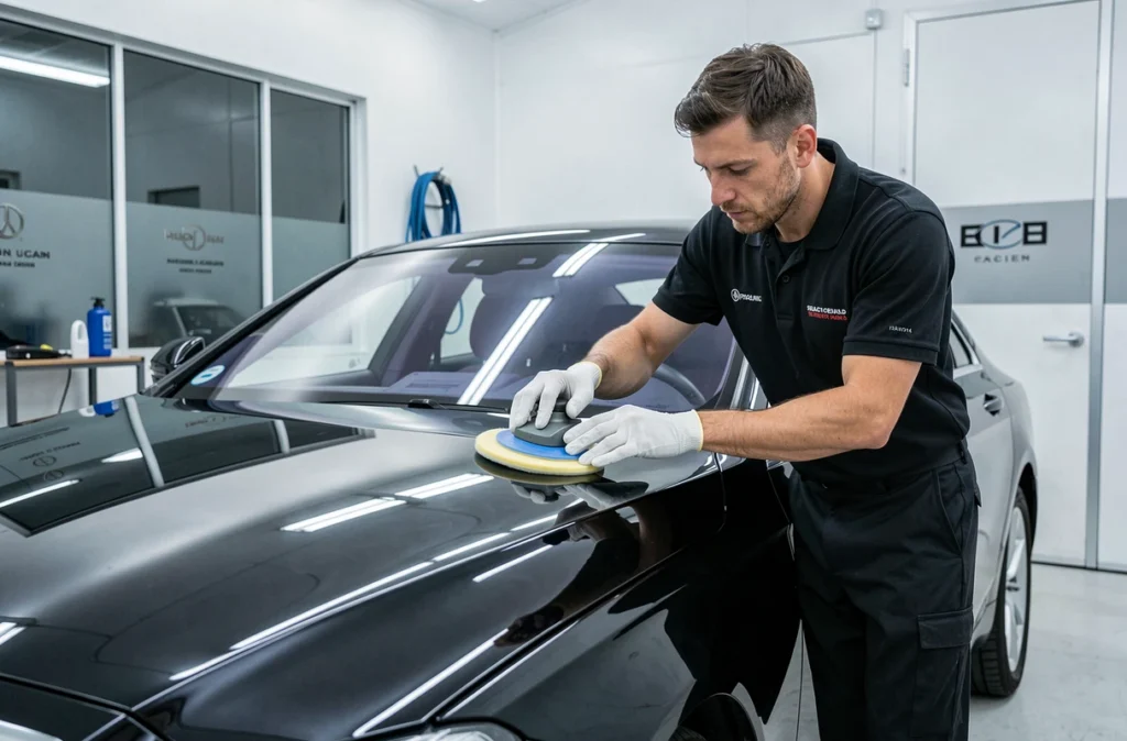 Carrossier de Carrosserie Prestige Auto à Caen polissant une berline noire de luxe avec des gants blancs