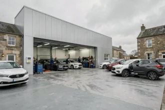 Vue d'ensemble d'une carrosserie automobile en Normandie avec des véhicules en réparation devant un atelier moderne