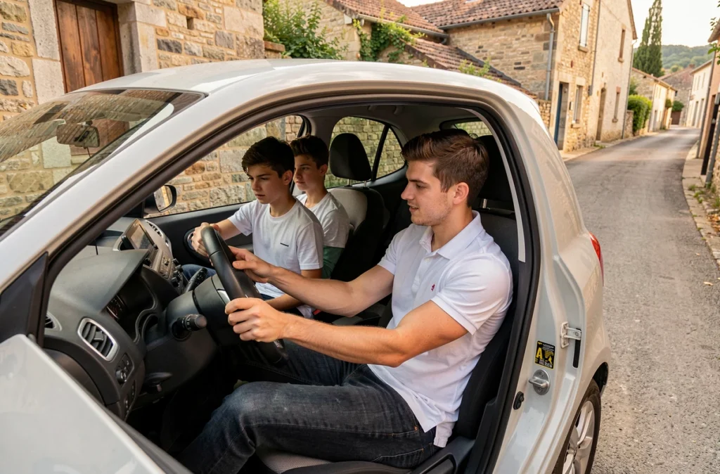 Julien Champeil, moniteur d'auto-école, donnant une leçon de conduite à un élève en Aveyron