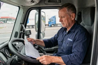 Chauffeur routier professionnel consultant un tableau de temps de conduite dans la cabine de son camion poids lourd