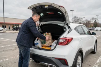 Homme chargeant des sacs de courses dans le coffre d'une Kia C'HR blanche dans un parking urbain, illustrant la capacité de chargement du véhicule