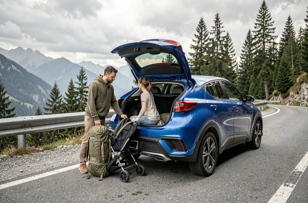 Couple évaluant le coffre d'une Kia C'HR bleue en montagne avec un sac de randonnée et une poussette, questionnant la praticité du véhicule