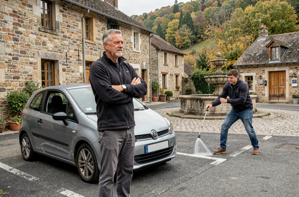 Éric Colrat, moniteur d'auto-école, supervisant une manœuvre de stationnement dans un village de l'Aveyron