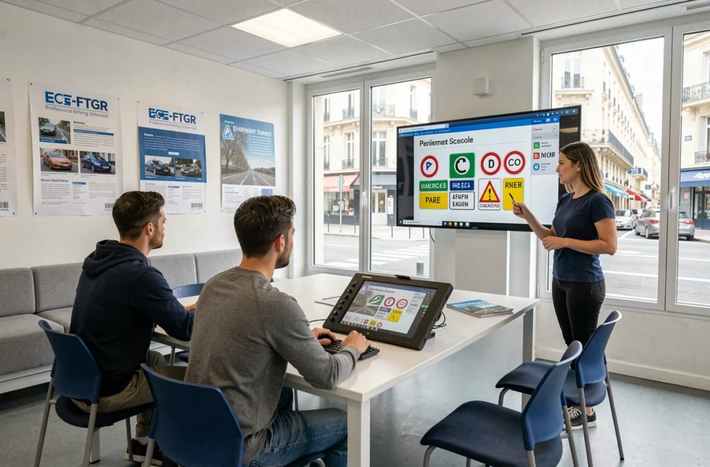 Séance de code de la route dans une salle de cours de l'auto-école ECF-FTGR