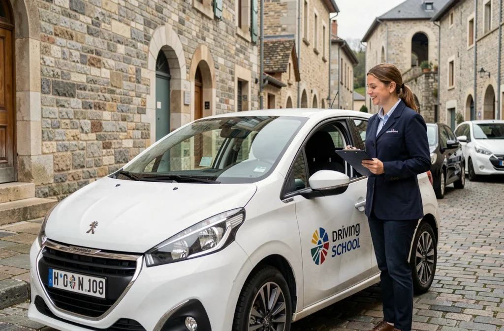 Instructrice de l'École de Conduite Millavoise avec une élève devant une voiture école à Millau