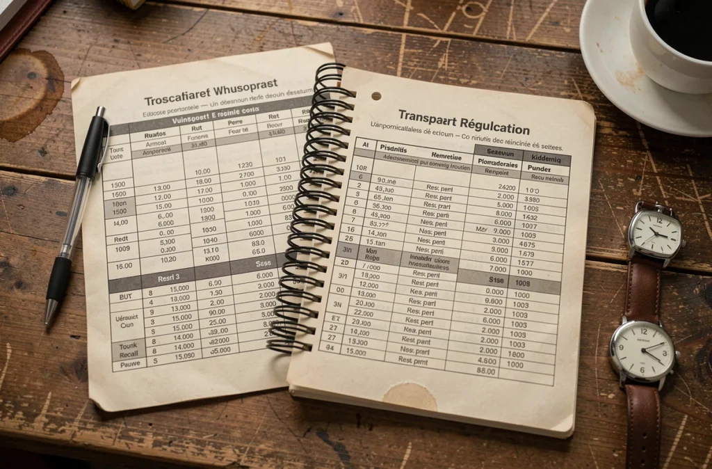 Feuille de tachygraphe et livret de réglementation des temps de conduite posés sur un bureau, symbolisant les règles 2026