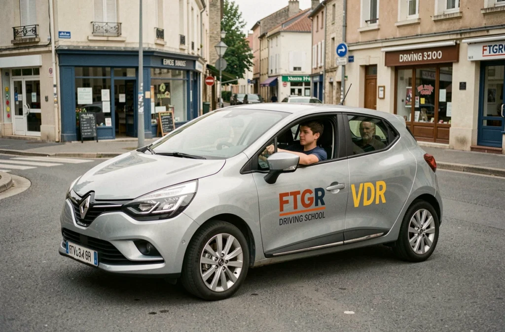 Voiture école FTGR VDR avec un élève effectuant une manœuvre dans une ville de l'Aveyron