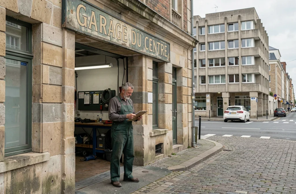 Façade du Garage du Centre au Havre avec un mécanicien accueillant un client à l'entrée de l'atelier