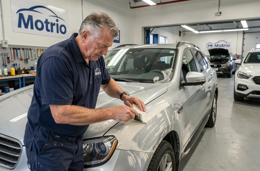 Technicien de GD Carrosserie Motrio appliquant du mastic sur le panneau avant d'un SUV argenté