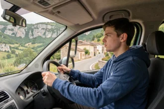 Élève en auto-école au volant d'une voiture double commande sur une route de l'Aveyron