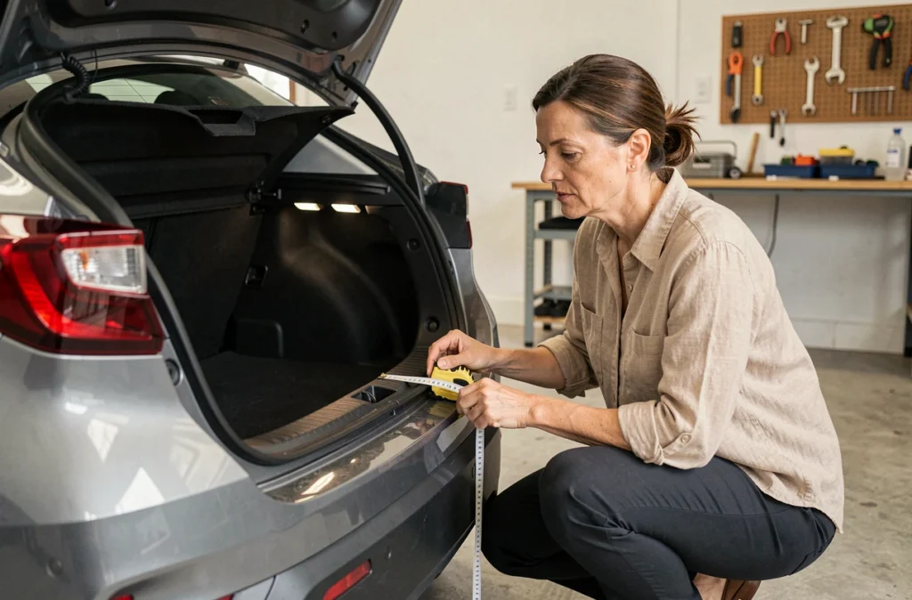 Femme mesurant le coffre d'une Kia C'HR grise dans un garage résidentiel pour évaluer son volume de chargement en 2026