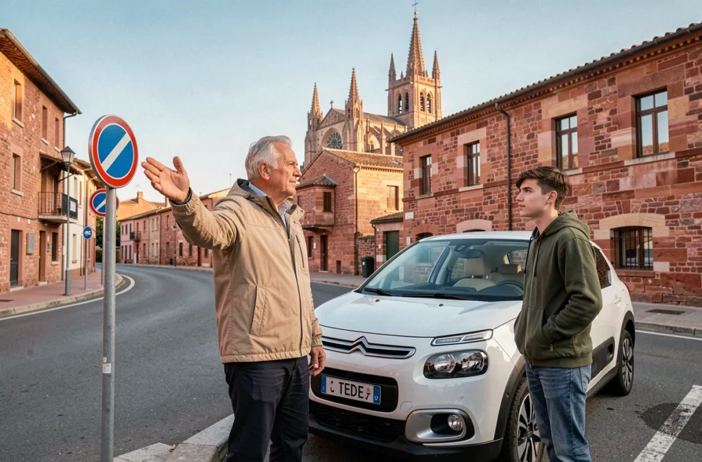 Moniteur de Rodez Permis expliquant la signalisation routière à un élève devant la cathédrale de Rodez