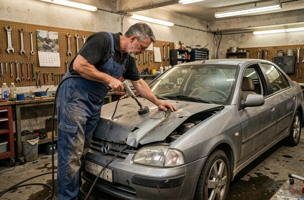 Mécanicien de RS Automobiles utilisant un extracteur de bosses sur le capot froissé d'une voiture grise