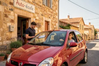 Vue d'ensemble d'une auto-école typique dans l'Aude, avec une voiture à double commande et un instructeur devant un bâtiment en pierre provençale