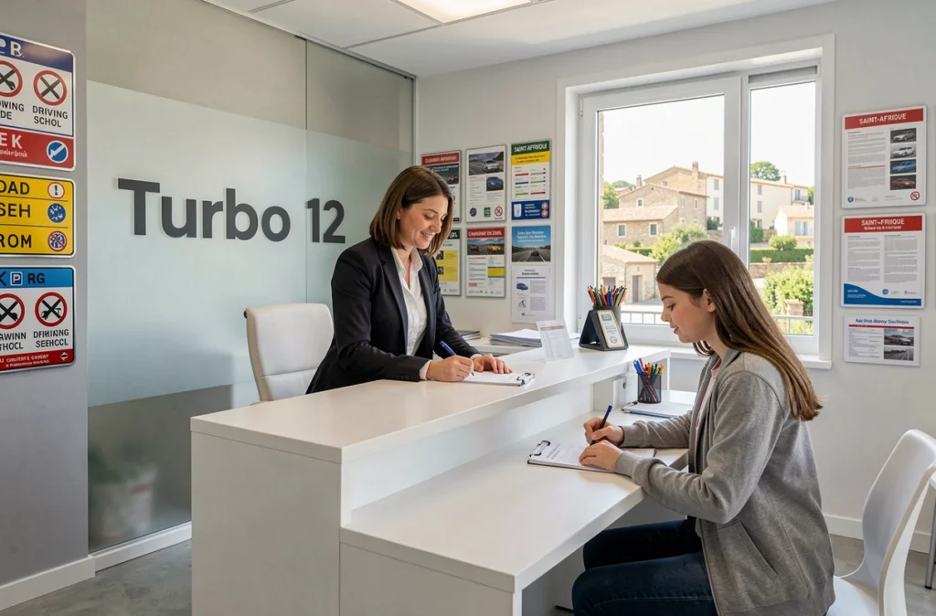 Accueil de l'auto-école Turbo 12 à Saint-Affrique avec une élève lors de son inscription