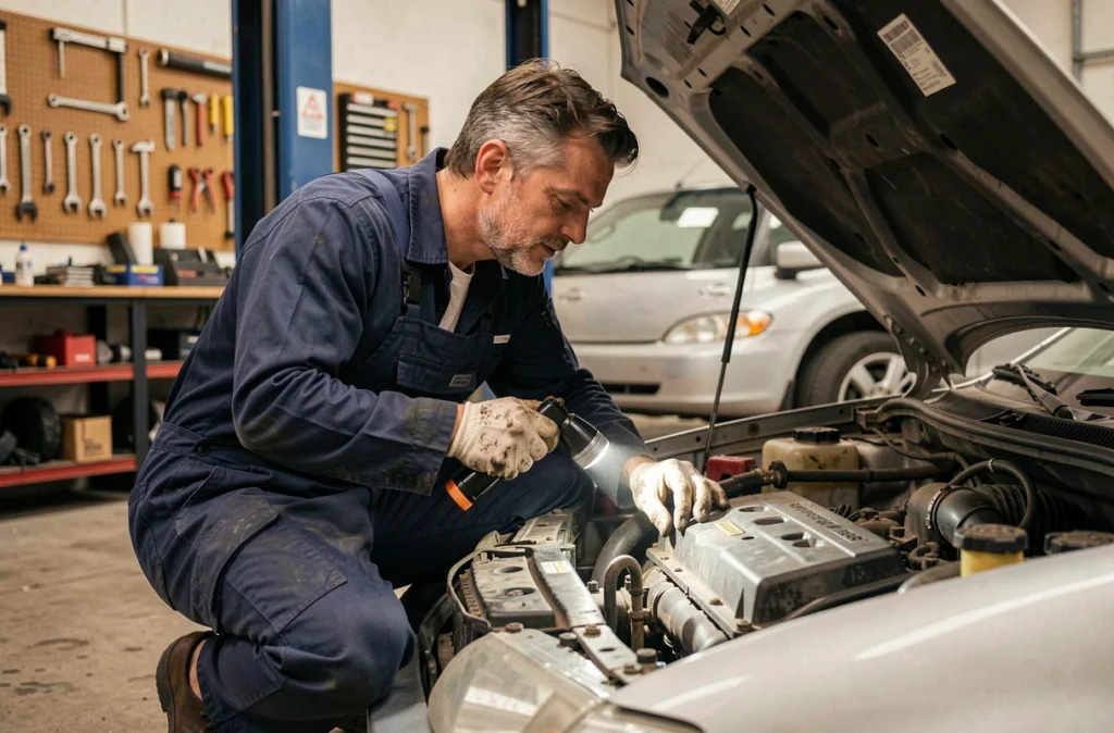 Mécanicien inspectant le moteur d'un véhicule occasion avant achat, vérification technique indispensable pour un budget de 5000 euros