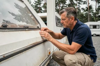 Homme inspectant l'étanchéité d'un joint de fenêtre sur un camping-car Autostar d'occasion garé sur un terrain en gravier